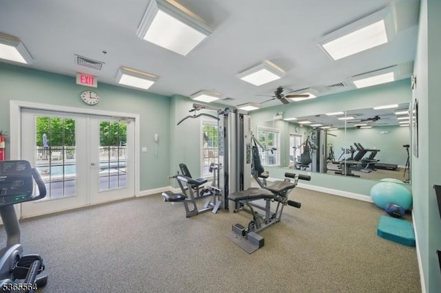 63 Ridgeview Ln, Mount Arlington Boro, NJ 07856 - workout area with french doors, a ceiling fan, and carpet flooring