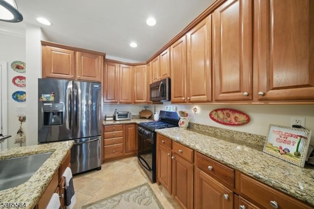63 Ridgeview Ln, Mount Arlington Boro, NJ 07856 - kitchen with stainless steel appliances, light stone countertops, brown cabinets, ornamental molding, and recessed lighting