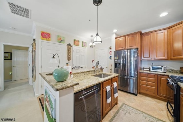 63 Ridgeview Ln, Mount Arlington Boro, NJ 07856 - kitchen featuring stainless steel appliances, light stone counters, a center island with sink, brown cabinetry, and crown molding