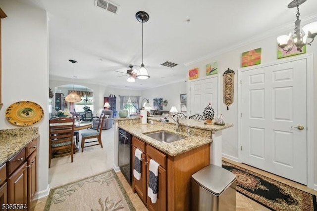 63 Ridgeview Ln, Mount Arlington Boro, NJ 07856 - kitchen with a chandelier, brown cabinetry, decorative light fixtures, and crown molding