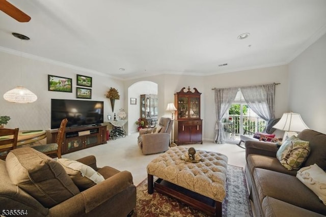 63 Ridgeview Ln, Mount Arlington Boro, NJ 07856 - carpeted living room with arched walkways and crown molding