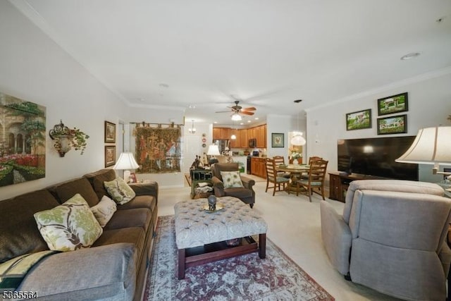63 Ridgeview Ln, Mount Arlington Boro, NJ 07856 - living room featuring crown molding, light carpet, and ceiling fan