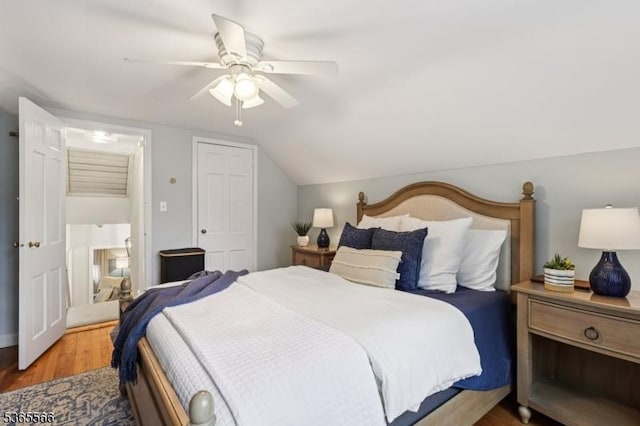 942 Summit Ave, Westfield Town, NJ 07090 - bedroom featuring wood finished floors, vaulted ceiling, and a ceiling fan