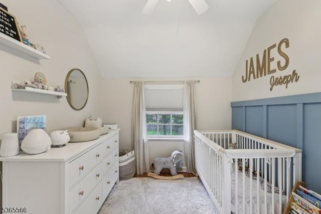 942 Summit Ave, Westfield Town, NJ 07090 - bedroom featuring lofted ceiling, a nursery area, a ceiling fan, and light carpet