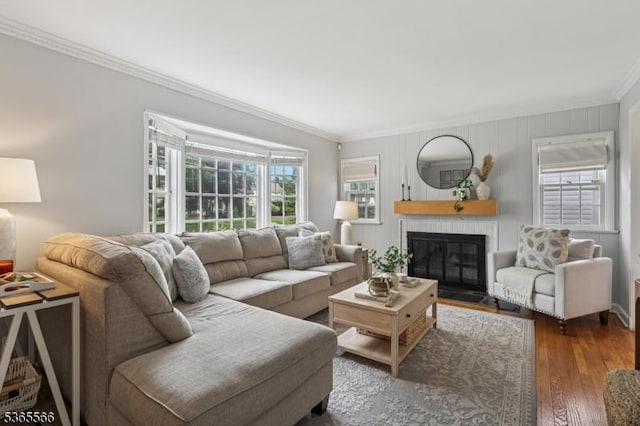 942 Summit Ave, Westfield Town, NJ 07090 - living room with ornamental molding, a brick fireplace, and wood-type flooring