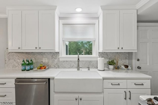 942 Summit Ave, Westfield Town, NJ 07090 - kitchen with dishwasher, white cabinetry, decorative backsplash, light countertops, and ornamental molding