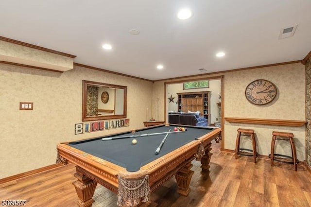 114 Fawn Ridge Dr, Long Hill Twp, NJ 07946 - game room featuring wood finished floors, pool table, ornamental molding, recessed lighting, and wallpapered walls