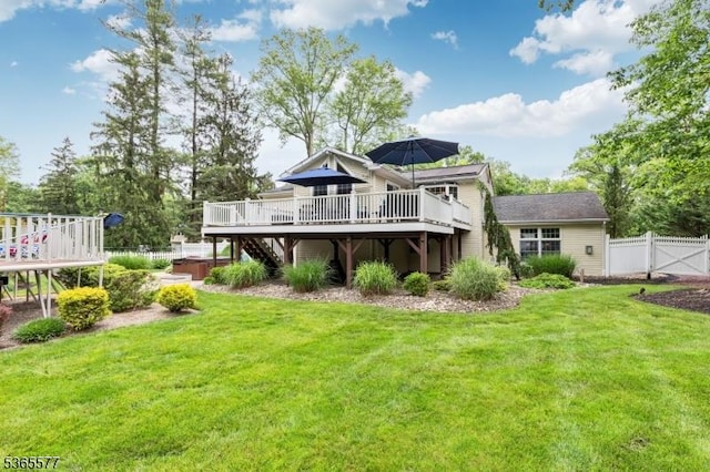 114 Fawn Ridge Dr, Long Hill Twp, NJ 07946 - rear view of property featuring a deck, a hot tub, and stairway