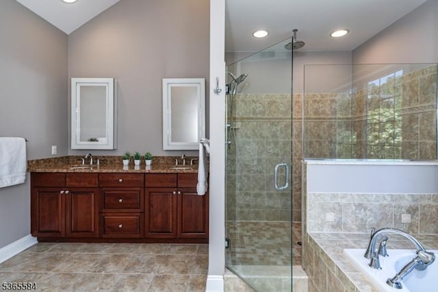 4 Wingover Farm Ct, Raritan Twp, NJ 08822 - bathroom with a shower stall, a bath, double vanity, vaulted ceiling, and recessed lighting
