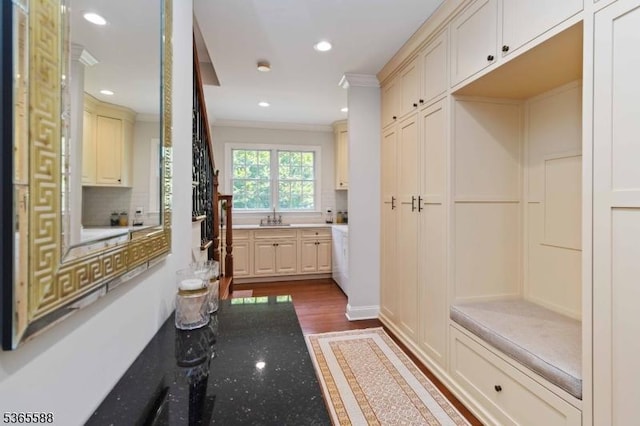 10 Westminster Pl, Morris Twp, NJ 07960 - mudroom with ornamental molding, recessed lighting, and wood finished floors