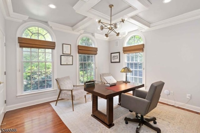 10 Westminster Pl, Morris Twp, NJ 07960 - office area featuring healthy amount of natural light, ornamental molding, coffered ceiling, a chandelier, and wood finished floors