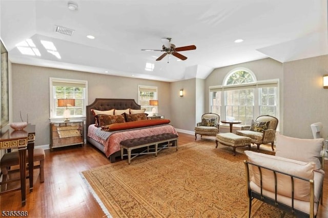 10 Westminster Pl, Morris Twp, NJ 07960 - bedroom featuring multiple windows, wood finished floors, recessed lighting, a ceiling fan, and vaulted ceiling