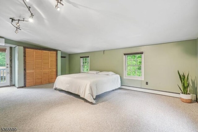 130 Ackerson Rd, Frelinghuysen Twp, NJ 07825 - bedroom with a baseboard radiator, carpet floors, lofted ceiling, and access to exterior