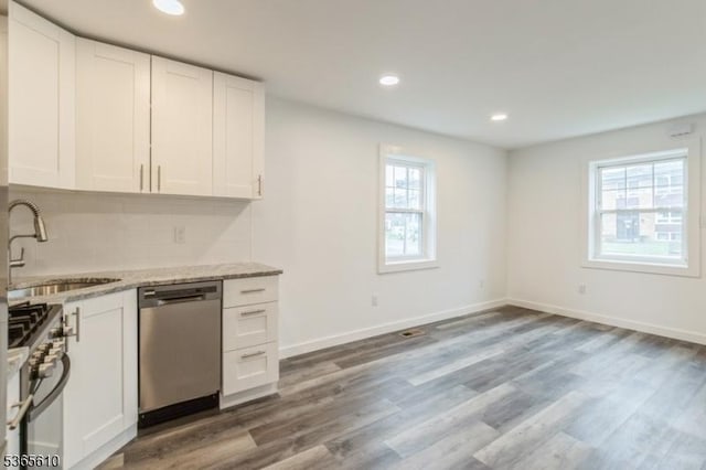 1489 Morris Ave, Union Twp, NJ 07083 - kitchen featuring appliances with stainless steel finishes, white cabinets, wood finished floors, recessed lighting, and light stone countertops