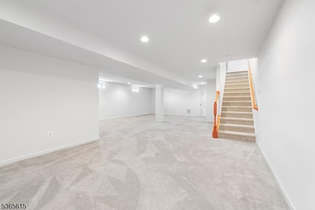 7 Thornton St, Hillsborough Twp, NJ 08844 - finished below grade area featuring light colored carpet, recessed lighting, and stairway