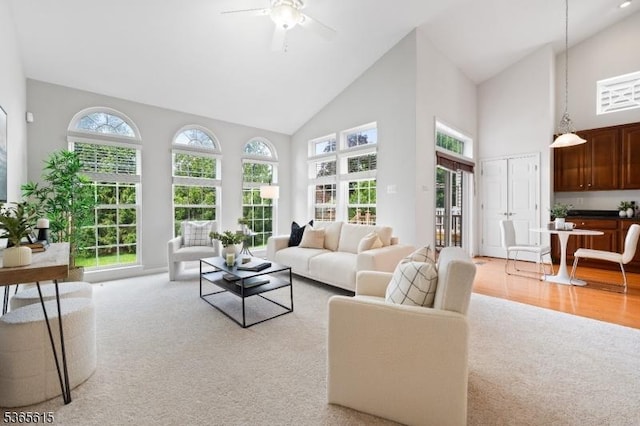 7 Thornton St, Hillsborough Twp, NJ 08844 - living room with high vaulted ceiling, a ceiling fan, and light colored carpet