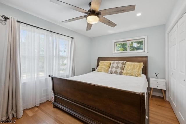 17 Lowell Ave, West Orange Twp, NJ 07052 - bedroom featuring light wood-style flooring, a closet, ceiling fan, and recessed lighting