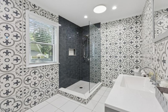 17 Lowell Ave, West Orange Twp, NJ 07052 - bathroom featuring a walk in shower, tile patterned flooring, and vanity