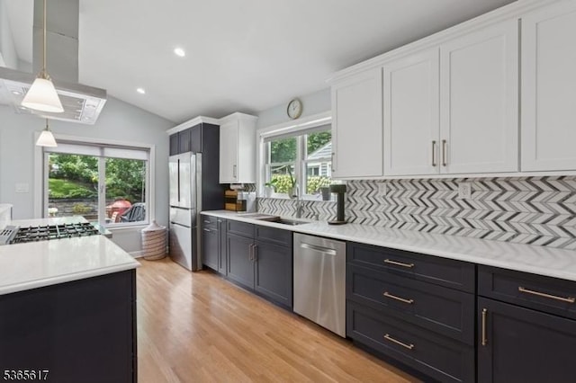 17 Lowell Ave, West Orange Twp, NJ 07052 - kitchen featuring appliances with stainless steel finishes, island range hood, white cabinets, light countertops, and light wood finished floors