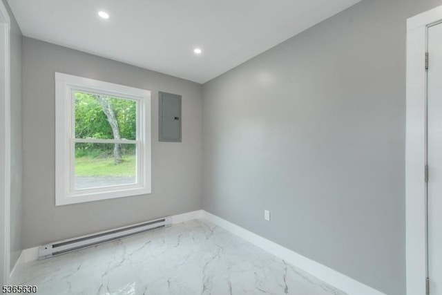 612 State Route 94, Fredon Twp, NJ 07860 - empty room with a baseboard radiator, electric panel, recessed lighting, and light marble finish floors