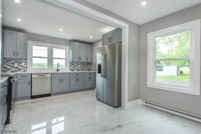 612 State Route 94, Fredon Twp, NJ 07860 - kitchen featuring appliances with stainless steel finishes, gray cabinets, baseboard heating, tasteful backsplash, and recessed lighting