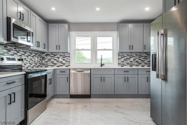 612 State Route 94, Fredon Twp, NJ 07860 - kitchen with appliances with stainless steel finishes, gray cabinets, tasteful backsplash, light countertops, and recessed lighting