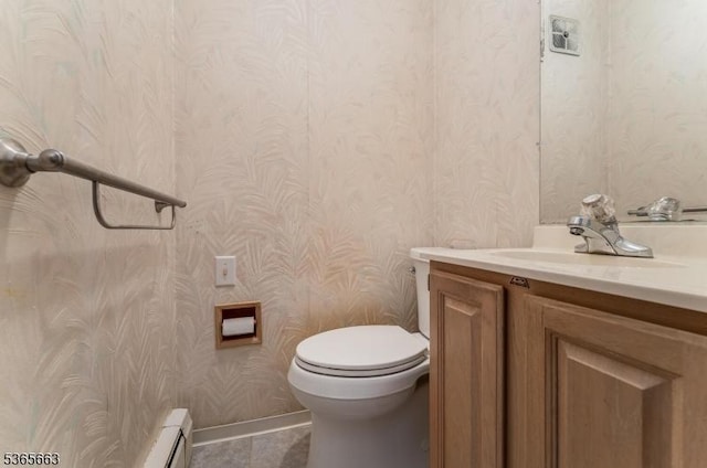 708 Carlene Dr, Bridgewater Twp, NJ 08807 - bathroom featuring wallpapered walls, a baseboard heating unit, vanity, and tile patterned floors