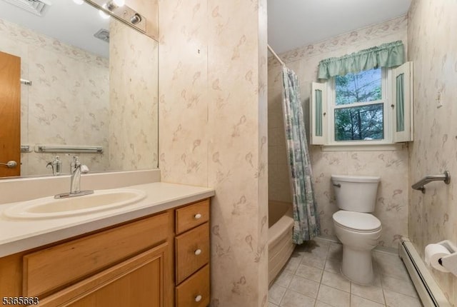 708 Carlene Dr, Bridgewater Twp, NJ 08807 - full bath with baseboard heating, vanity, tile patterned flooring, and shower / tub combo