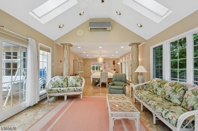 1503 Woodacres Dr, Mountainside Boro, NJ 07092 - living area featuring a skylight, a wall mounted AC, plenty of natural light, high vaulted ceiling, and recessed lighting