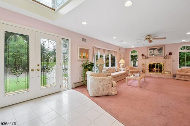 1503 Woodacres Dr, Mountainside Boro, NJ 07092 - carpeted living room with baseboard heating, french doors, recessed lighting, a ceiling fan, and a glass covered fireplace