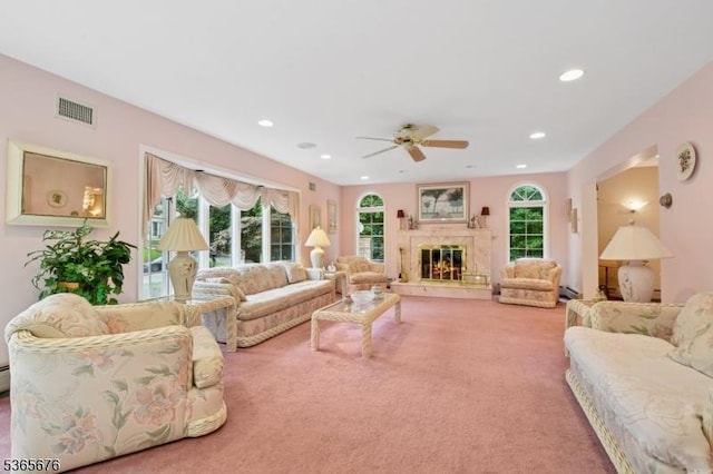 1503 Woodacres Dr, Mountainside Boro, NJ 07092 - carpeted living room with a ceiling fan, recessed lighting, and a premium fireplace
