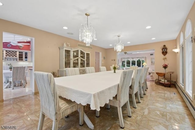 1503 Woodacres Dr, Mountainside Boro, NJ 07092 - dining area with a chandelier, light marble finish floors, a baseboard heating unit, and recessed lighting
