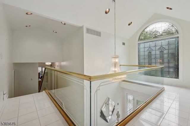 1503 Woodacres Dr, Mountainside Boro, NJ 07092 - hall featuring an upstairs landing, high vaulted ceiling, recessed lighting, and tile patterned flooring