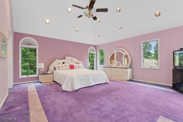 1503 Woodacres Dr, Mountainside Boro, NJ 07092 - carpeted bedroom with multiple windows, high vaulted ceiling, recessed lighting, and ceiling fan