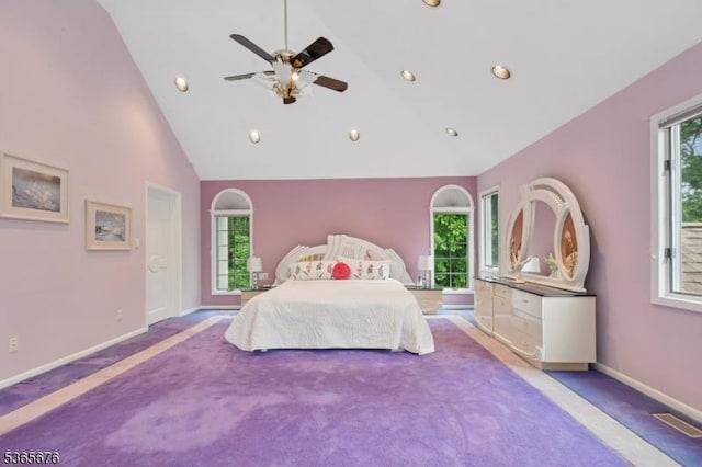 1503 Woodacres Dr, Mountainside Boro, NJ 07092 - carpeted bedroom with multiple windows, high vaulted ceiling, recessed lighting, and ceiling fan