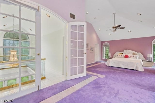 1503 Woodacres Dr, Mountainside Boro, NJ 07092 - carpeted bedroom with french doors, high vaulted ceiling, and recessed lighting