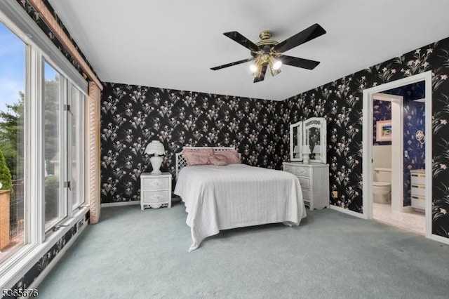 1503 Woodacres Dr, Mountainside Boro, NJ 07092 - carpeted bedroom featuring wallpapered walls, a ceiling fan, and connected bathroom
