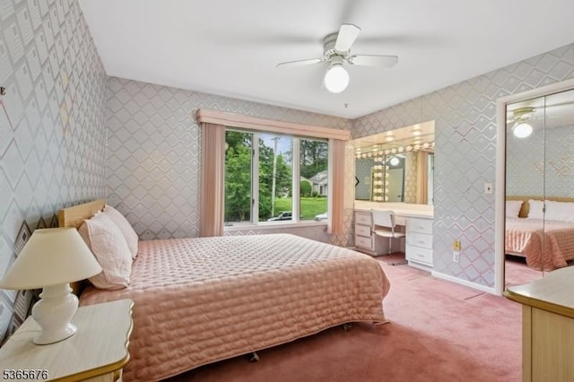 1503 Woodacres Dr, Mountainside Boro, NJ 07092 - bedroom featuring carpet flooring, wallpapered walls, built in desk, and ceiling fan