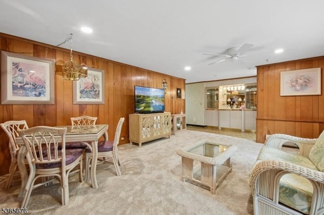 1503 Woodacres Dr, Mountainside Boro, NJ 07092 - living area featuring wood walls, a chandelier, ceiling fan, carpet flooring, and recessed lighting