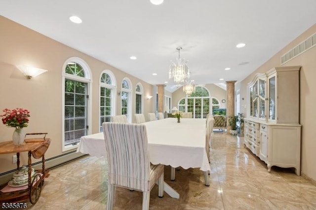 1503 Woodacres Dr, Mountainside Boro, NJ 07092 - dining area with light marble finish flooring, a chandelier, recessed lighting, and decorative columns