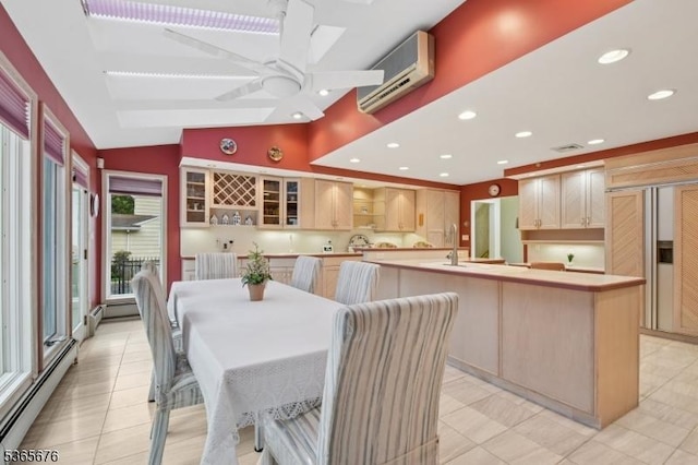 1503 Woodacres Dr, Mountainside Boro, NJ 07092 - dining room featuring a baseboard heating unit, a wall unit AC, recessed lighting, a ceiling fan, and vaulted ceiling