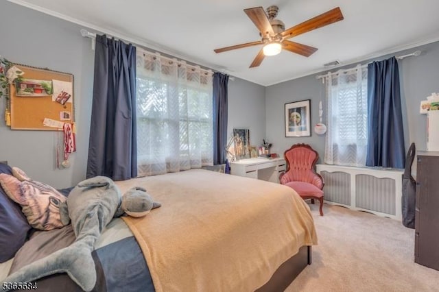 16 Ridgewood Pkwy W, Denville Twp, NJ 07834 - bedroom with multiple windows, radiator, crown molding, carpet flooring, and a ceiling fan