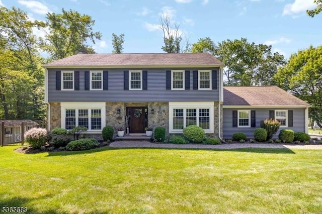 6 Wyckoff Way, Morris Plains Boro, NJ 07950 - colonial-style house featuring stone siding and a front yard