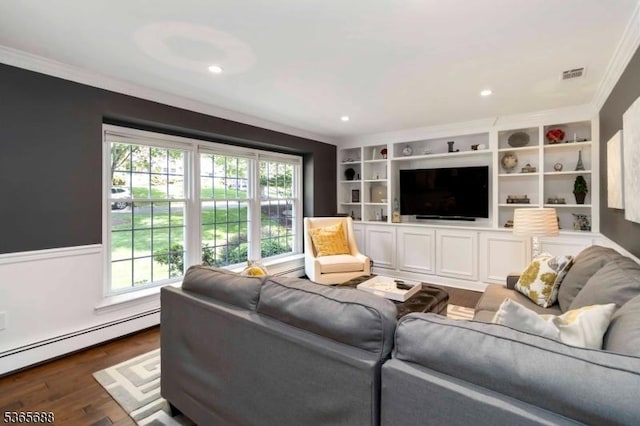 6 Wyckoff Way, Morris Plains Boro, NJ 07950 - living room featuring ornamental molding, baseboard heating, dark wood finished floors, built in shelves, and recessed lighting