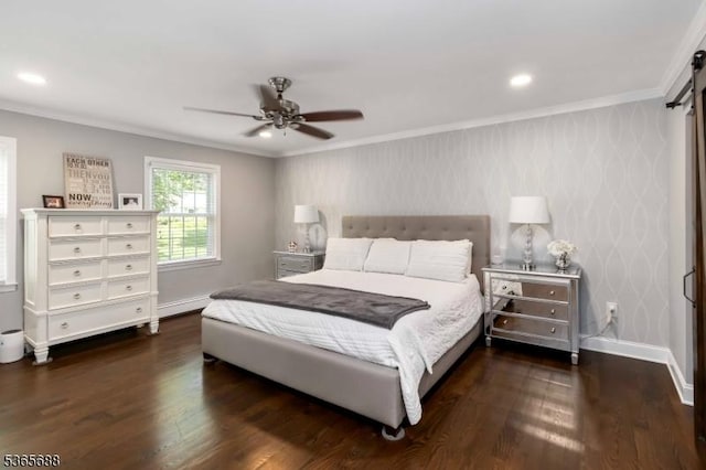 6 Wyckoff Way, Morris Plains Boro, NJ 07950 - bedroom with crown molding, wood finished floors, a barn door, ceiling fan, and recessed lighting