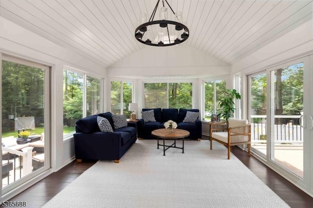 6 Wyckoff Way, Morris Plains Boro, NJ 07950 - sunroom with vaulted ceiling, plenty of natural light, wood finished floors, a chandelier, and wooden ceiling