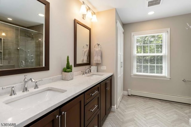 6 Wyckoff Way, Morris Plains Boro, NJ 07950 - full bathroom featuring a baseboard heating unit, double vanity, a tile shower, and recessed lighting
