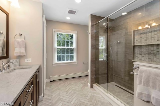 6 Wyckoff Way, Morris Plains Boro, NJ 07950 - full bathroom with baseboard heating, vanity, a stall shower, and recessed lighting