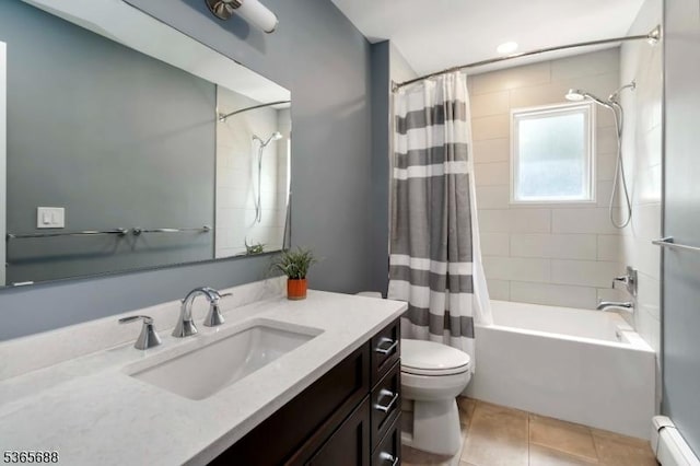 6 Wyckoff Way, Morris Plains Boro, NJ 07950 - bathroom featuring baseboard heating, vanity, shower / tub combo with curtain, and tile patterned flooring