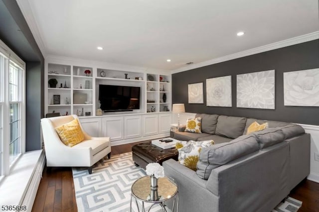 6 Wyckoff Way, Morris Plains Boro, NJ 07950 - living room with crown molding, dark wood-type flooring, recessed lighting, and built in shelves